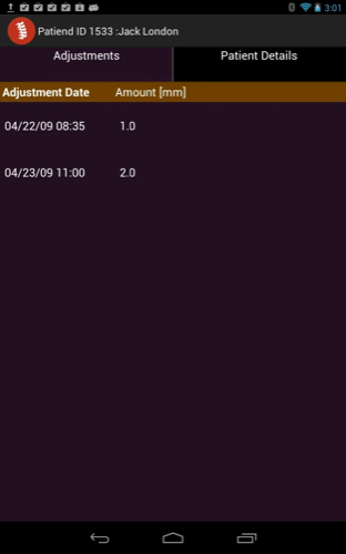 Per-patient adjustment history listing dates and lengthening amounts in millimetres.