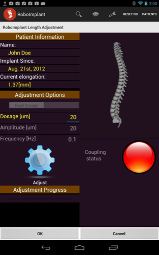 Procedure screen showing patient information, dosage entry, a 3D spine render, and a red coupling status indicator.