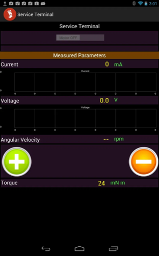 Service terminal screen with live current and voltage plots, angular velocity, and torque readouts.